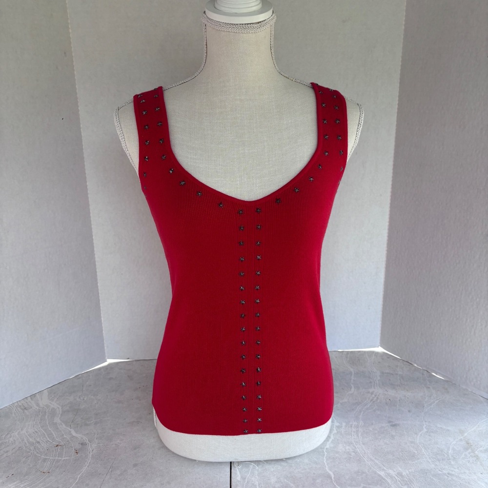 Carmen Marc Valvo Red Ribbed Tank Top Women‎ Large New Star Studded V Neck